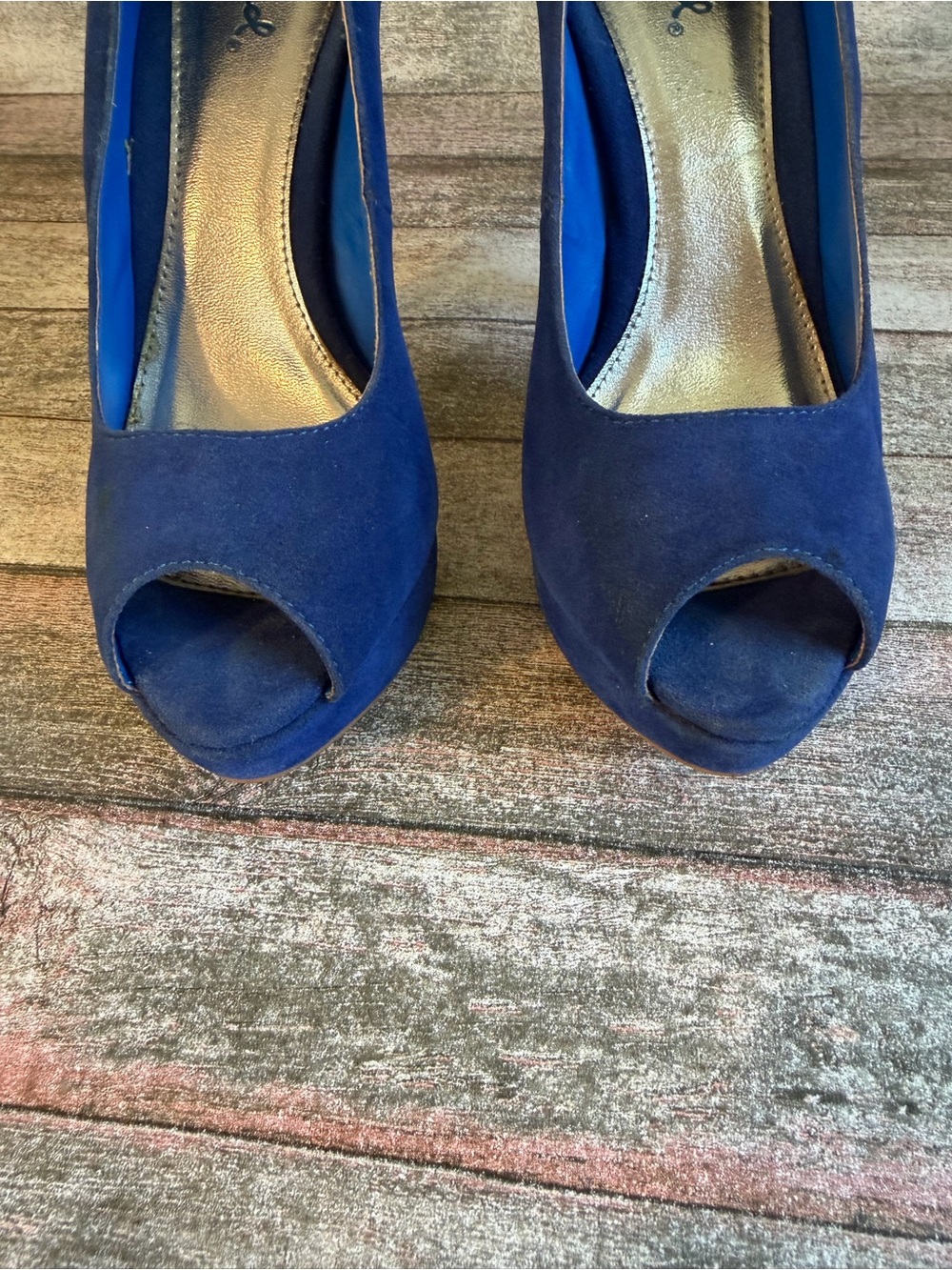 Qupid Royal Blue Suede Peep-Toe Platform Pumps - Picture 6 of 8